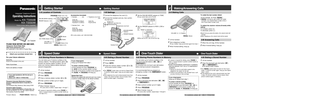 Panasonic KX-TS550B, KX-TS550W operating instructions Location of Controls Settings Making Calls, Answering Calls 