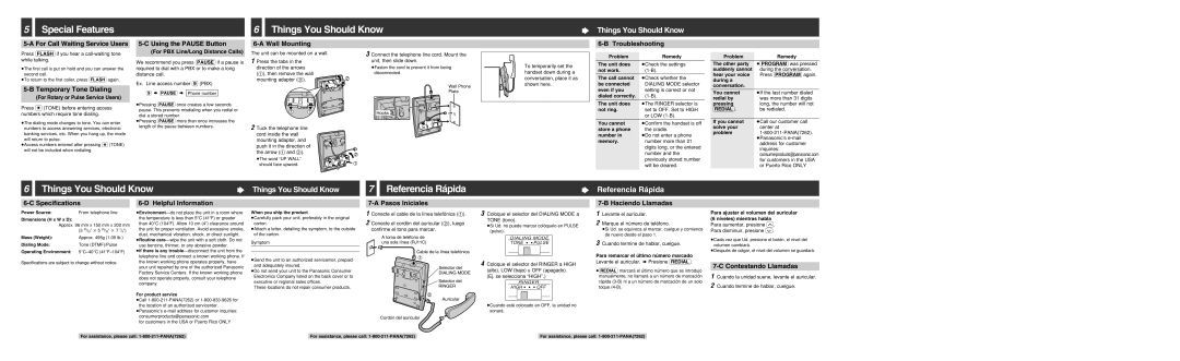 Panasonic KX-TS550W Temporary Tone Dialing, Speciﬁcations, Helpful Information, Pasos Iniciales, Haciendo Llamadas 