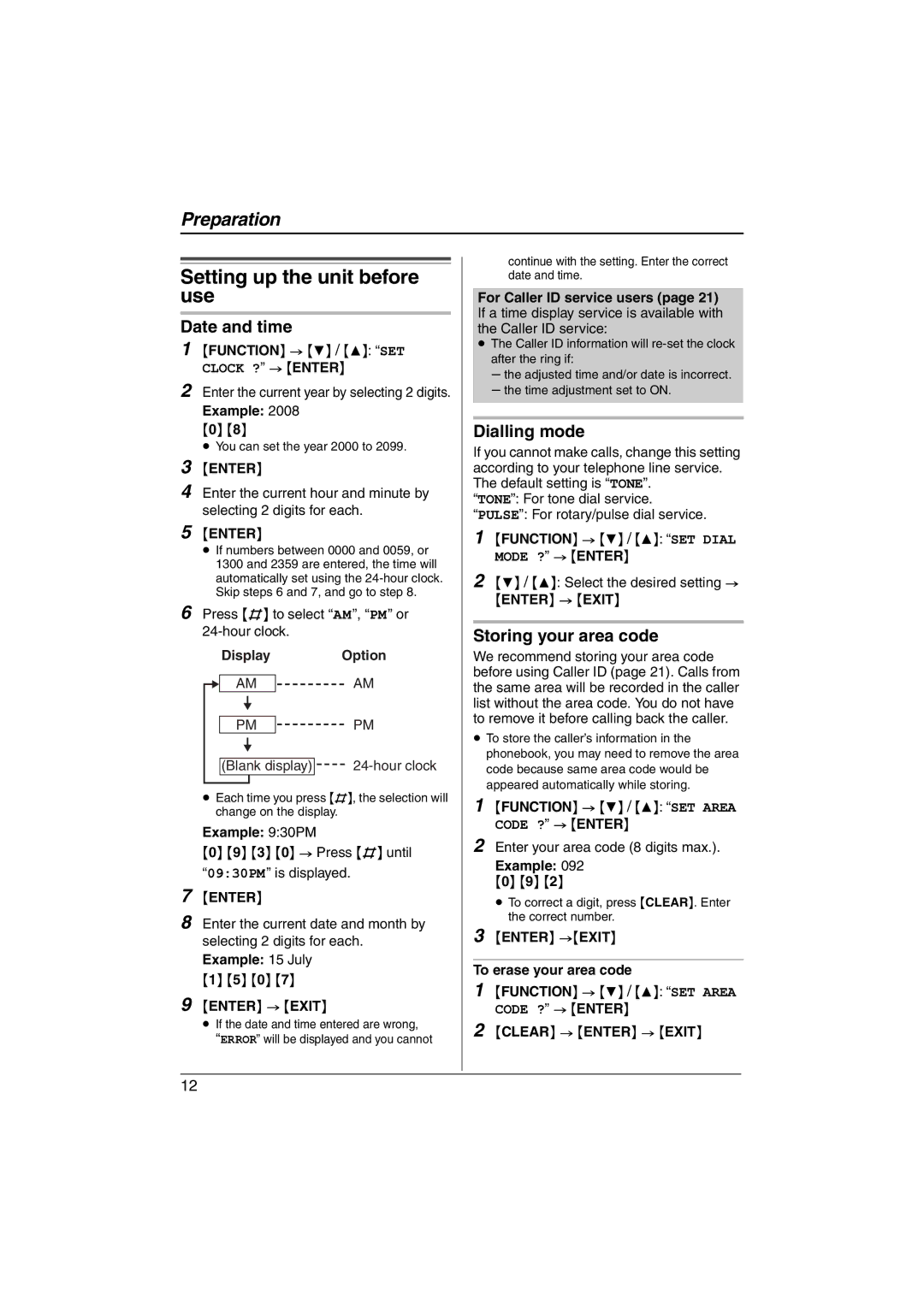 Panasonic KX-TS560ML Setting up the unit before use, Date and time, Dialling mode, Storing your area code 