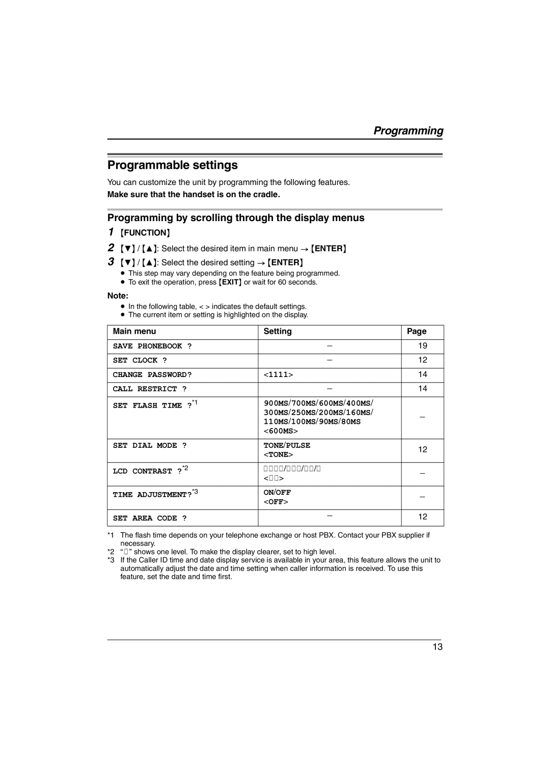 Panasonic KX-TS560ML Programmable settings, Programming by scrolling through the display menus, Main menu Setting 