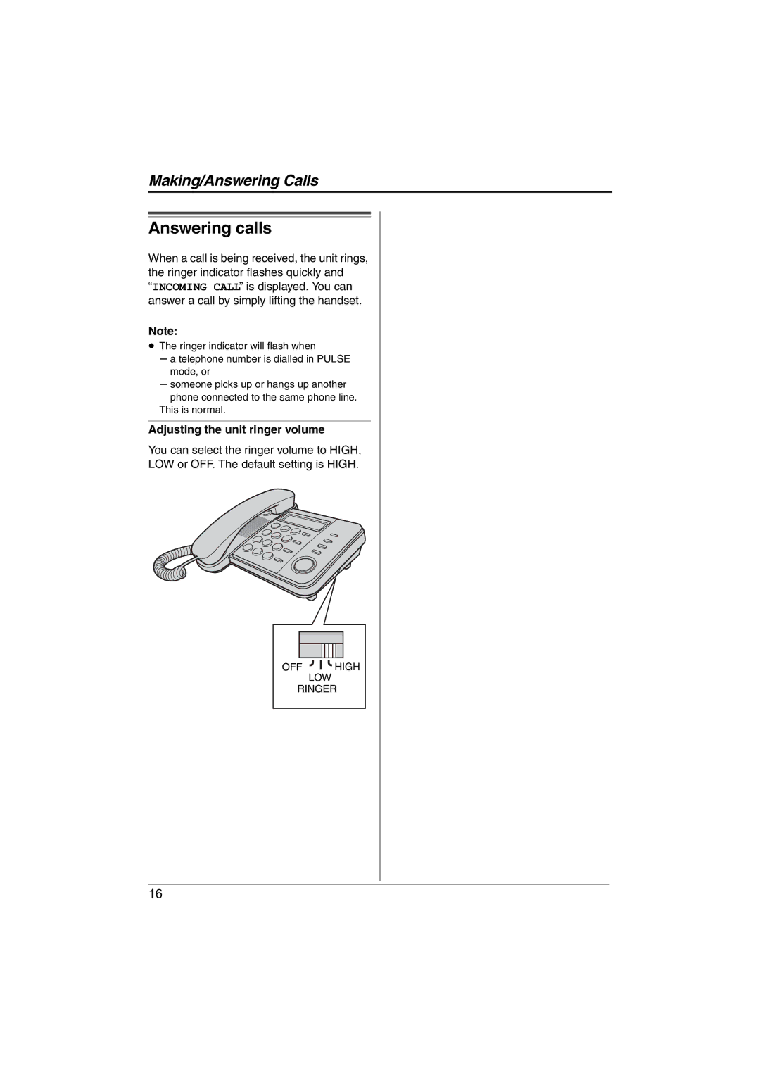 Panasonic KX-TS560ML operating instructions Answering calls, Adjusting the unit ringer volume 