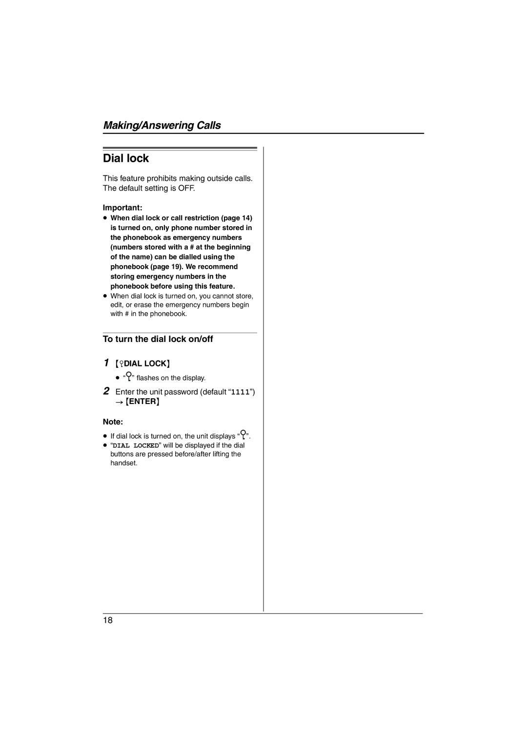 Panasonic KX-TS560ML operating instructions Dial lock, Enter the unit password default 