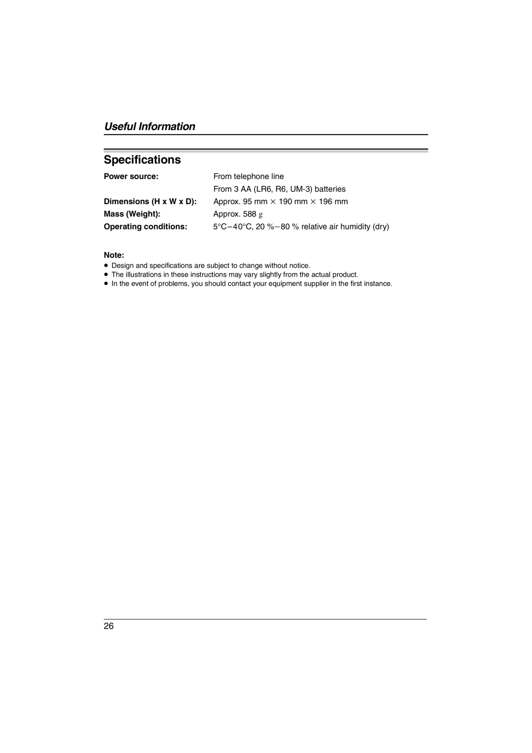 Panasonic KX-TS560ML operating instructions Specifications 