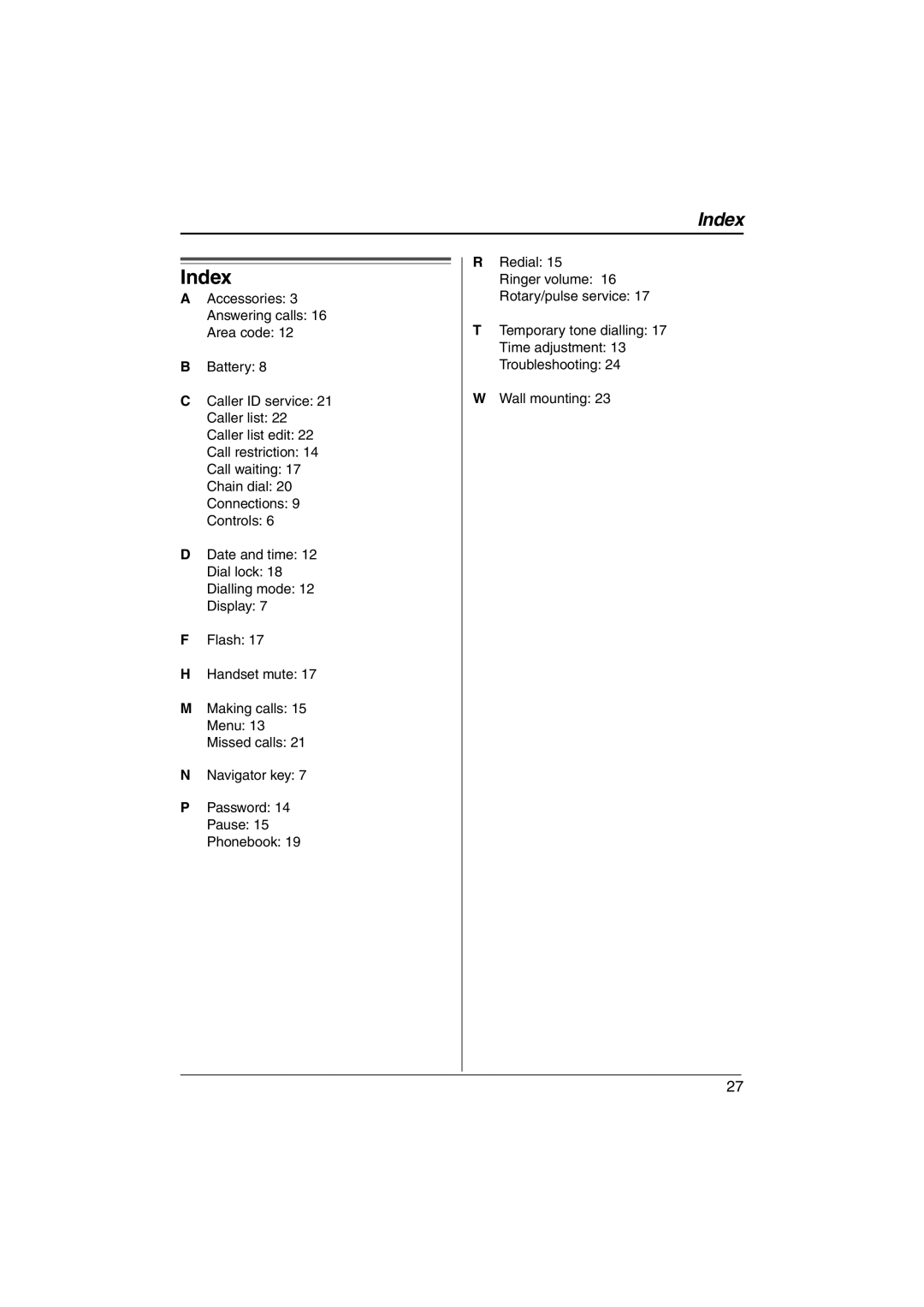 Panasonic KX-TS560ML operating instructions Index 