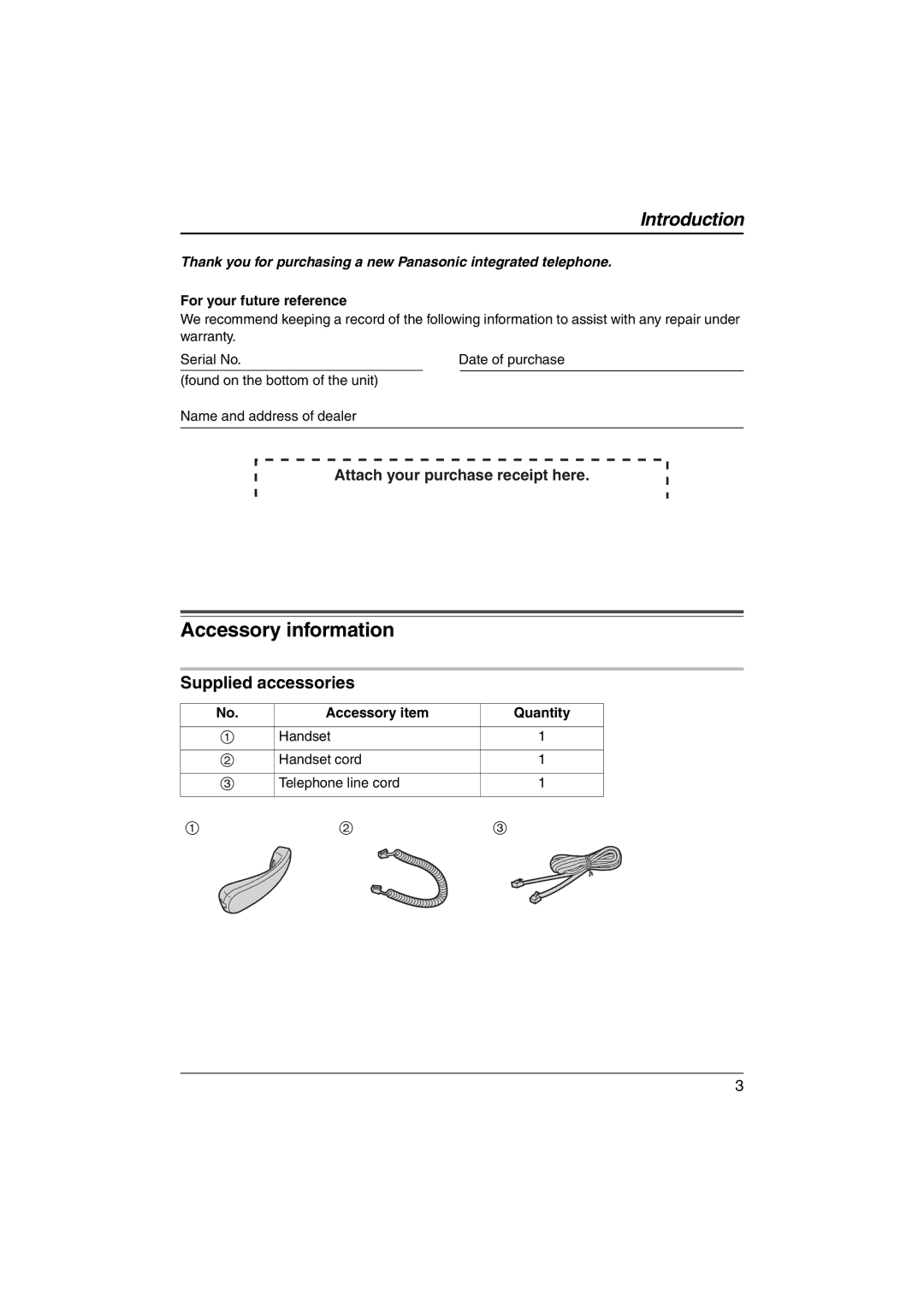 Panasonic KX-TS560ML operating instructions Accessory information, Supplied accessories, For your future reference 