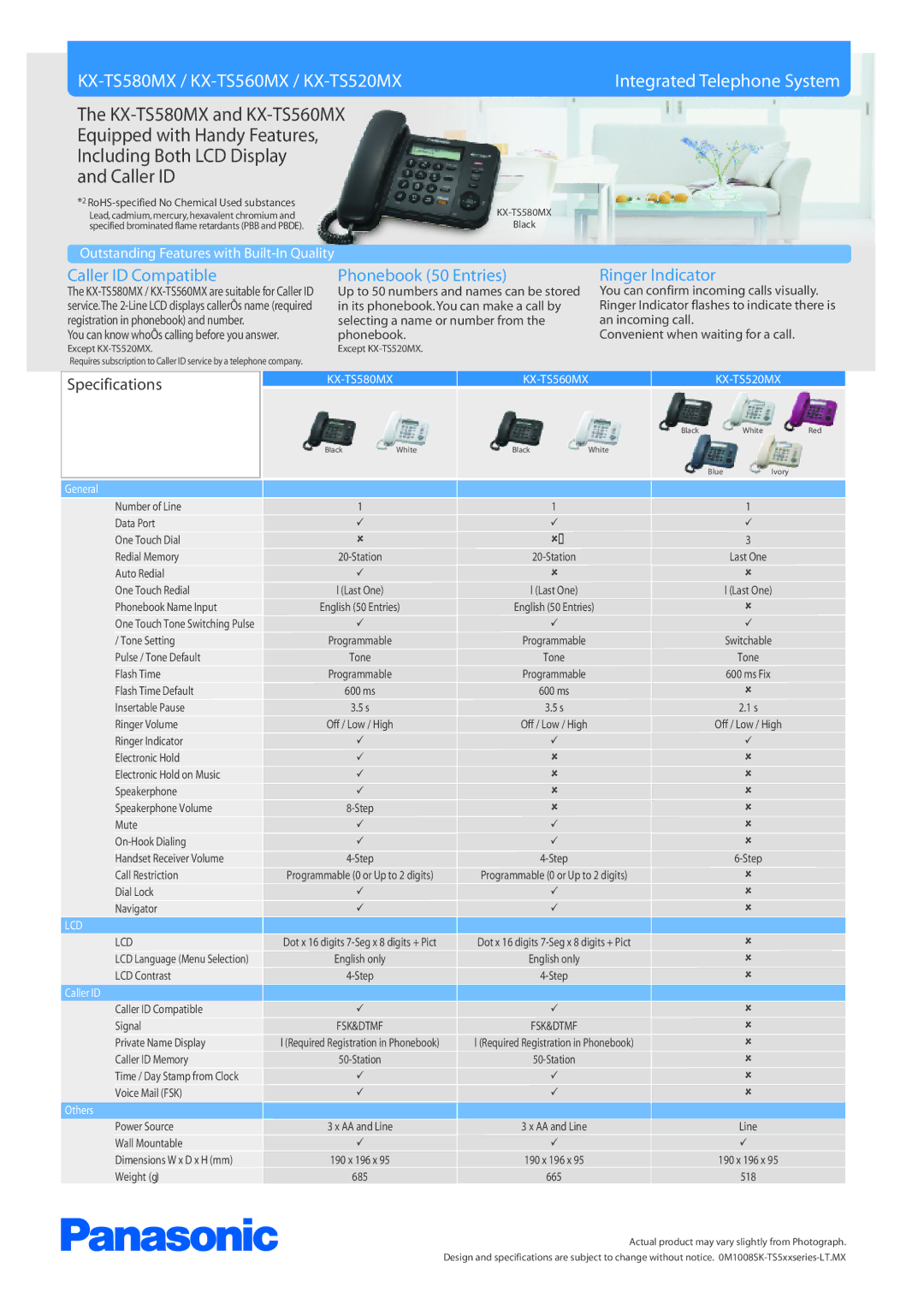 Panasonic KX-TS520MX, KX-TS560MX, KX-TS580MX manual Caller ID Compatible Phonebook 50 Entries, Ringer Indicator 