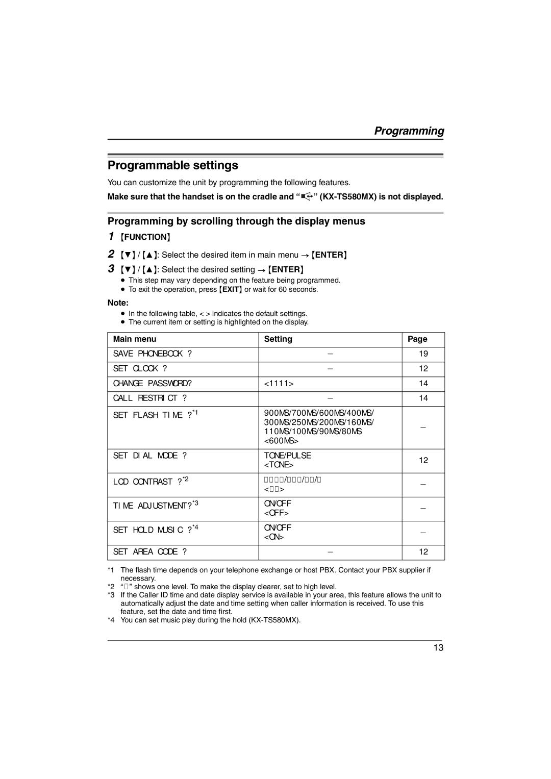 Panasonic KX-TS580MX Programmable settings, Programming by scrolling through the display menus, Main menu Setting 