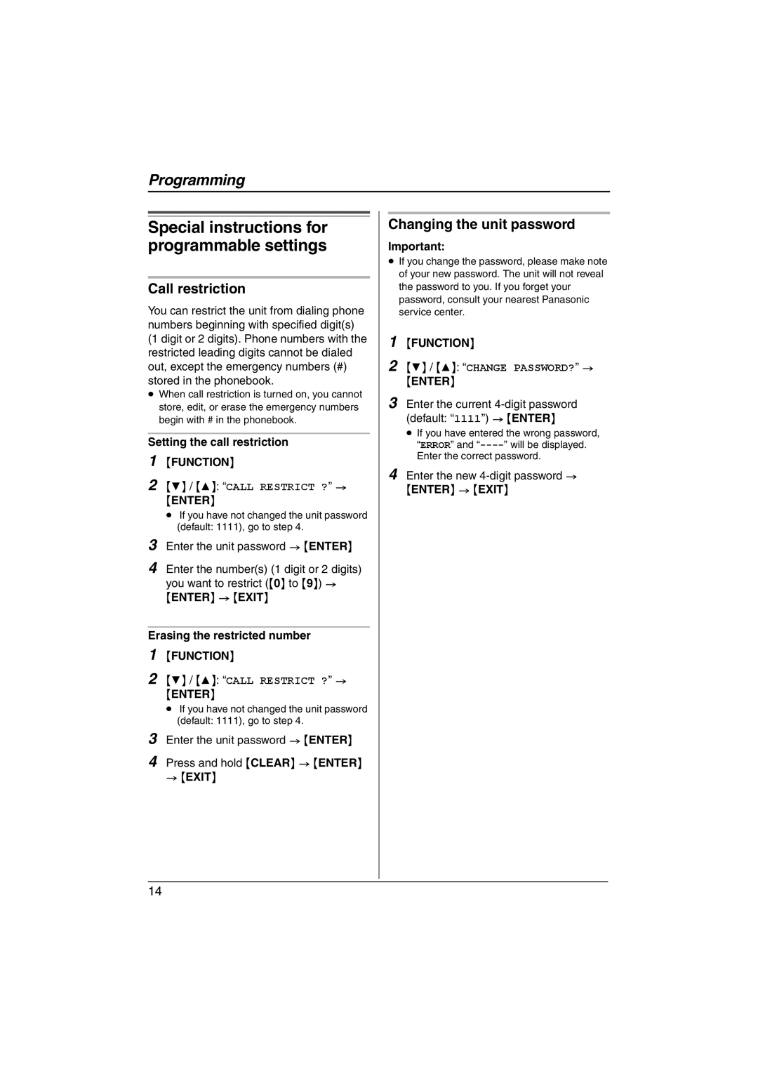 Panasonic KX-TS560MX Special instructions for programmable settings, Call restriction, Changing the unit password 