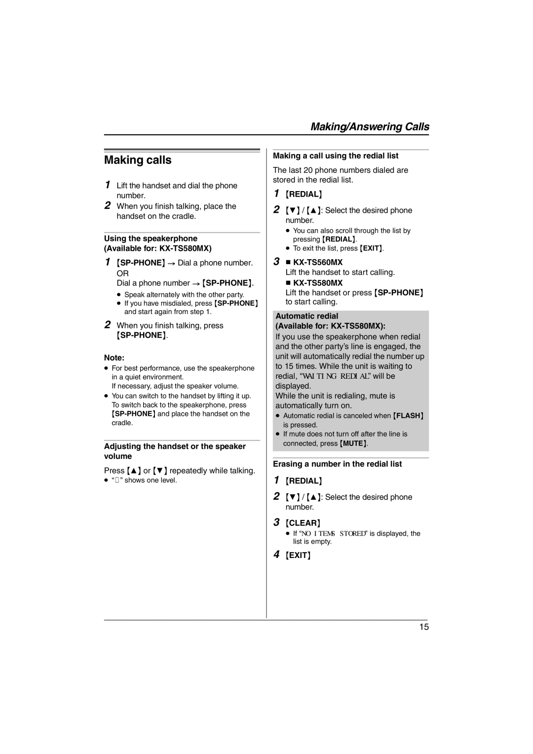 Panasonic KX-TS580MX, KX-TS560MX operating instructions Making calls 