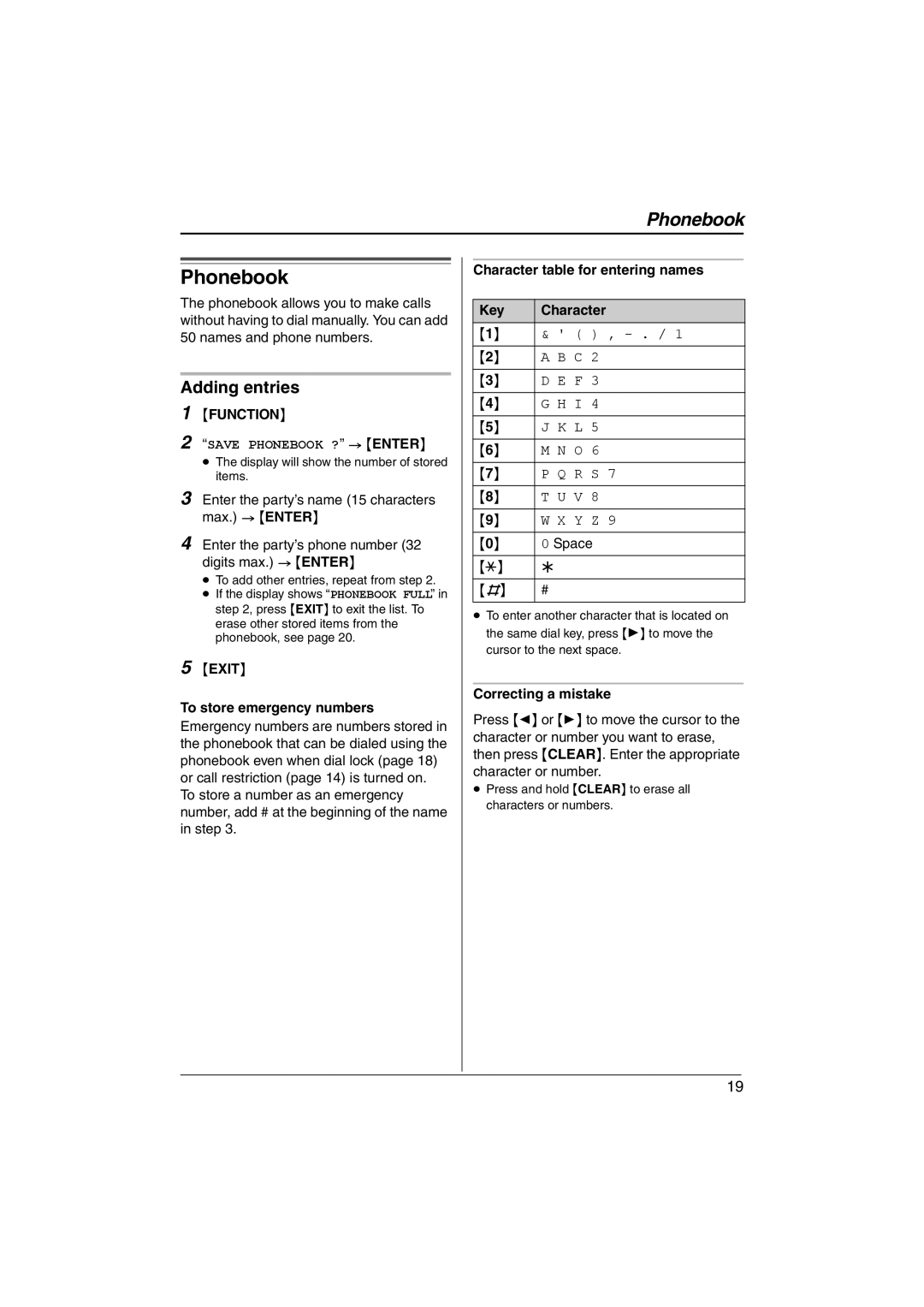 Panasonic KX-TS580MX Phonebook, Adding entries, Exit To store emergency numbers, Character table for entering names Key 