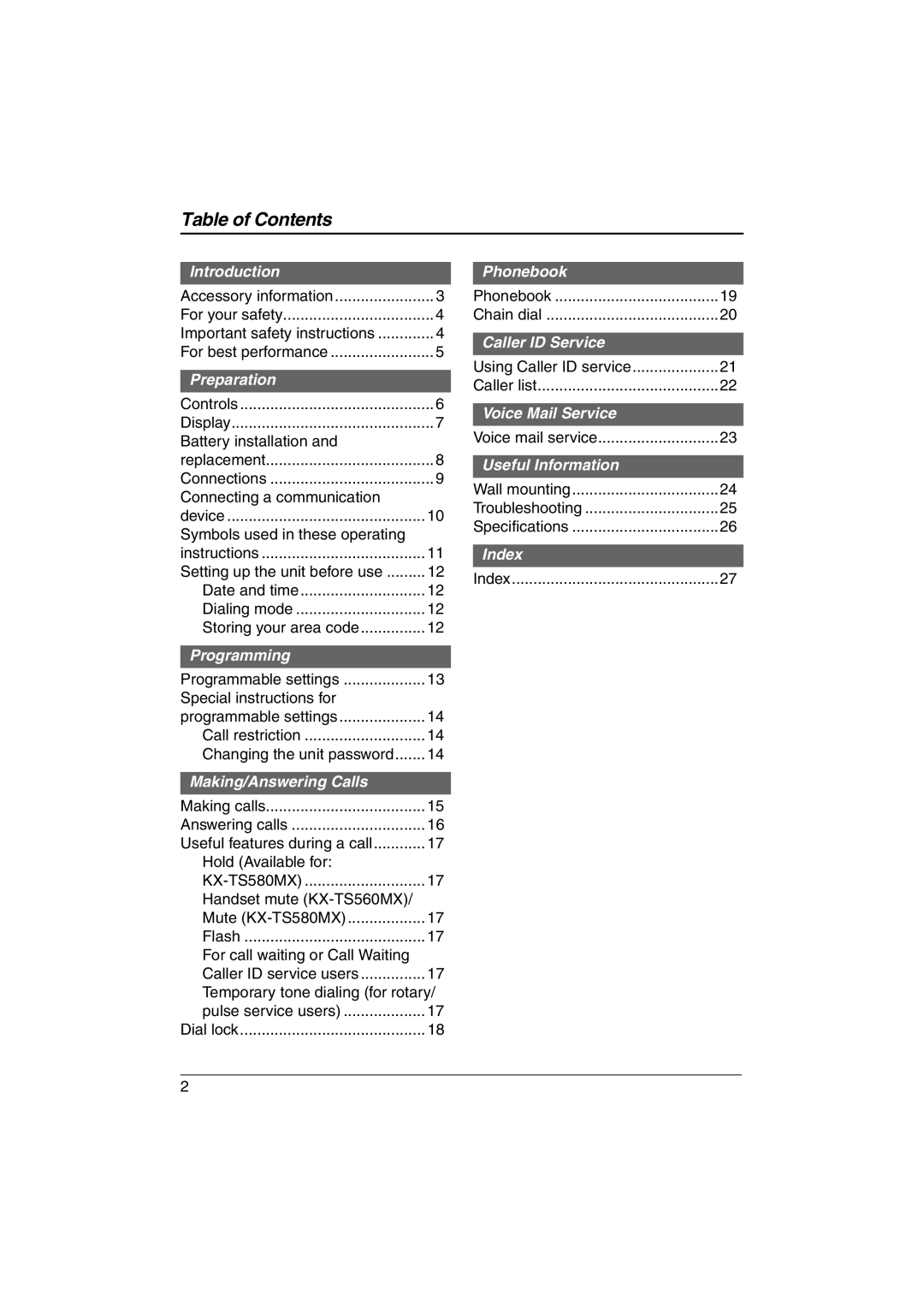 Panasonic KX-TS560MX, KX-TS580MX operating instructions Table of Contents 