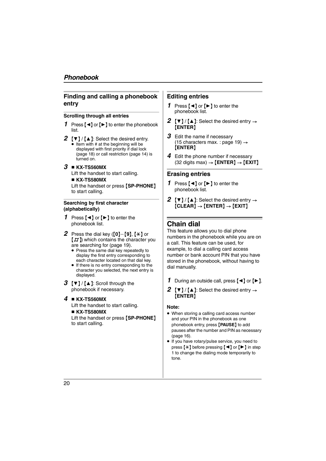 Panasonic KX-TS560MX, KX-TS580MX Chain dial, Finding and calling a phonebook entry, Editing entries, Erasing entries 