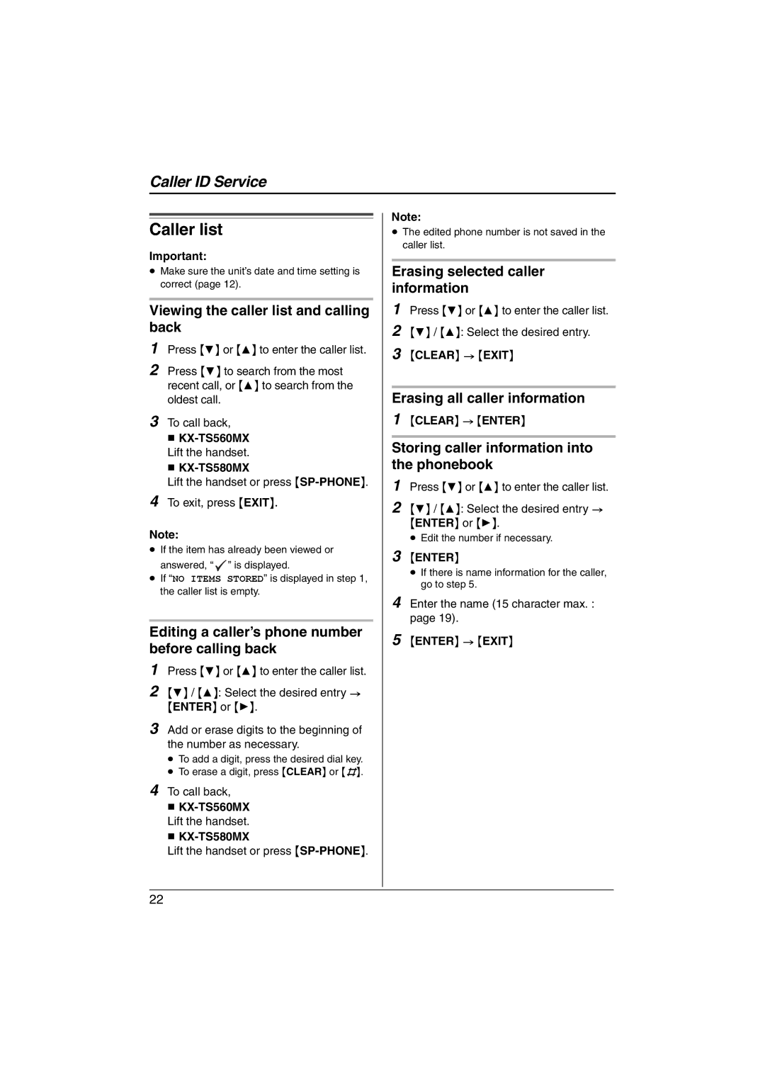 Panasonic KX-TS560MX, KX-TS580MX operating instructions Caller list 