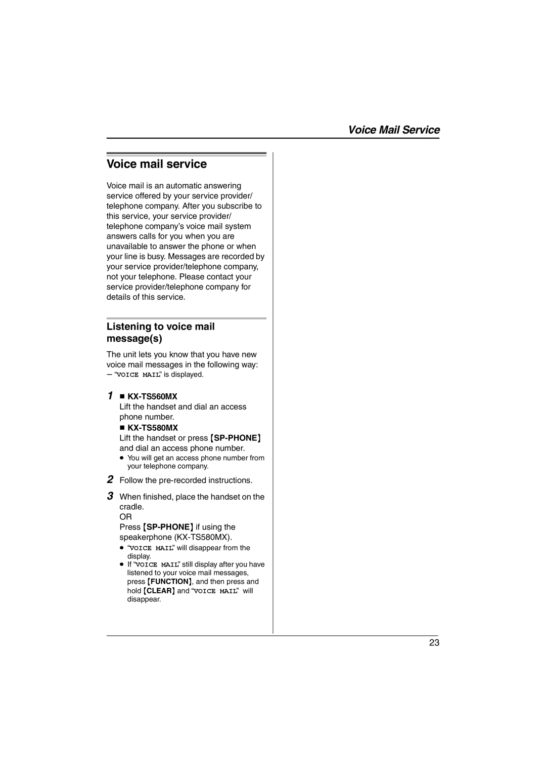 Panasonic KX-TS580MX, KX-TS560MX operating instructions Voice mail service, Listening to voice mail messages 