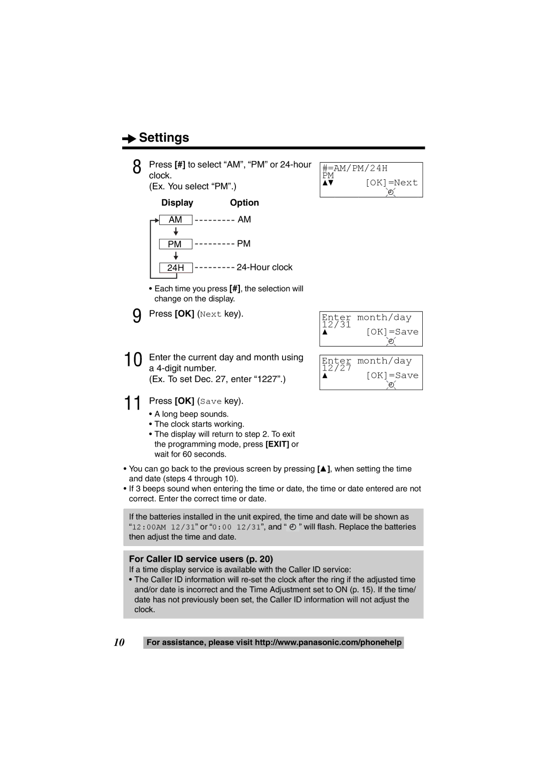 Panasonic KX-TS600B Enter month/day 12/31 OK=Save Enter month/day 12/27, Display Option, For Caller ID service users p 