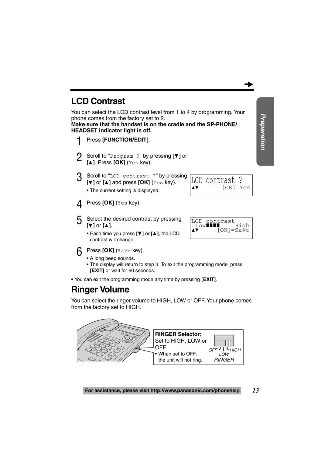 Panasonic KX-TS600W LCD Contrast, Ringer Volume, 34 OK=Yes LCD contrast Low???? High 34 OK=Save, Ringer Selector 