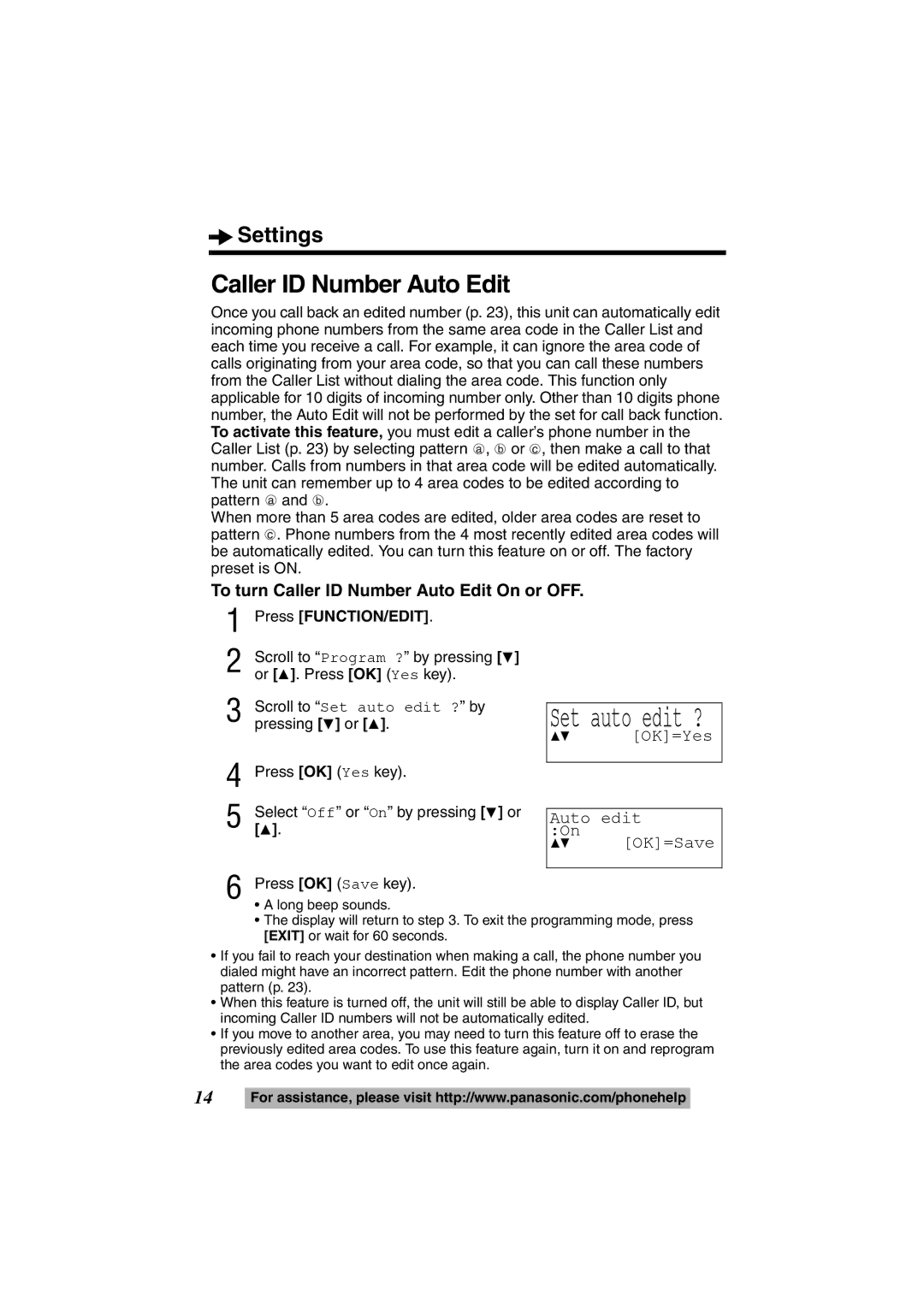 Panasonic KX-TS600B, KX-TS600W Caller ID Number Auto Edit, Set auto edit ?, 34 OK=Yes Auto edit On 34 OK=Save 