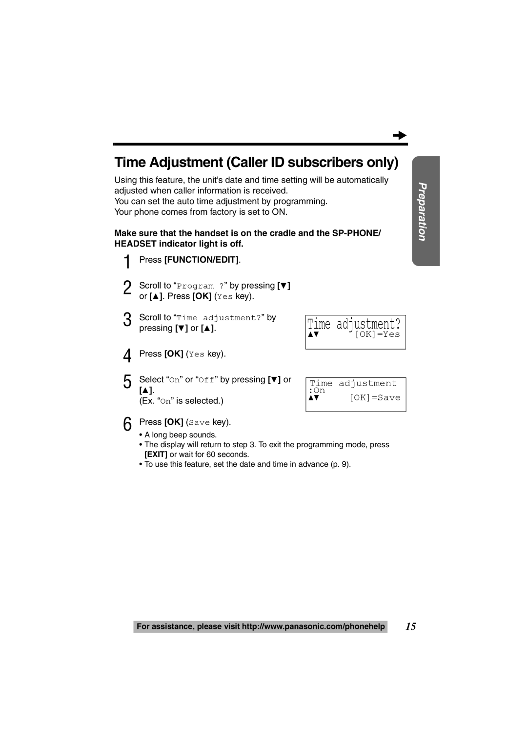 Panasonic KX-TS600W Time Adjustment Caller ID subscribers only, Time adjustment?, 34 OK=Yes Time adjustment On 34 OK=Save 