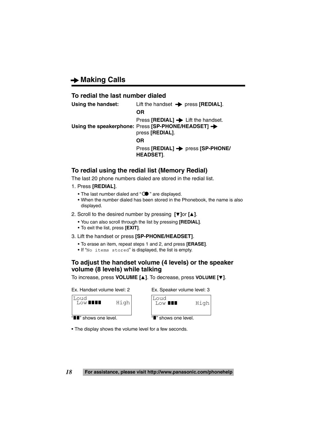 Panasonic KX-TS600B To redial the last number dialed, To redial using the redial list Memory Redial, Loud Low ???? High 