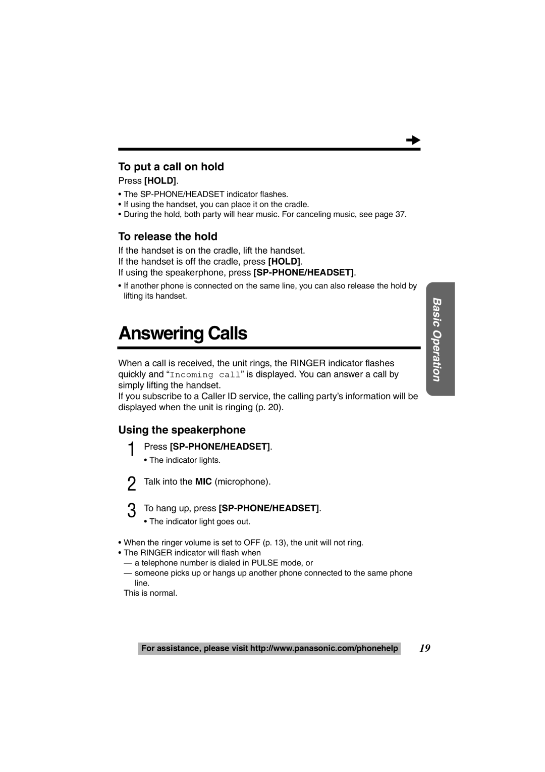 Panasonic KX-TS600W, KX-TS600B Answering Calls, To put a call on hold, To release the hold, Press Hold 