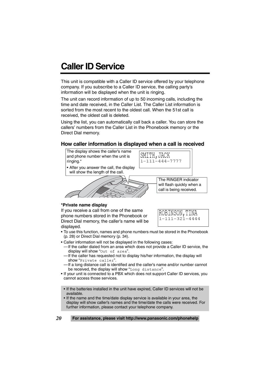 Panasonic KX-TS600B Caller ID Service, How caller information is displayed when a call is received, Private name display 