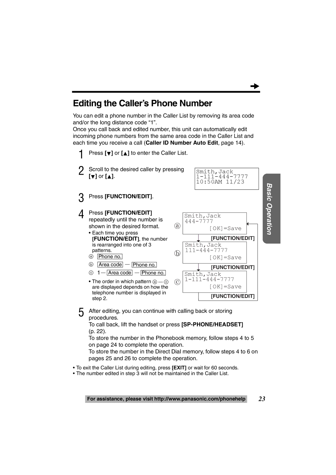 Panasonic KX-TS600W, KX-TS600B operating instructions Editing the Caller’s Phone Number, Smith,Jack, Procedures 