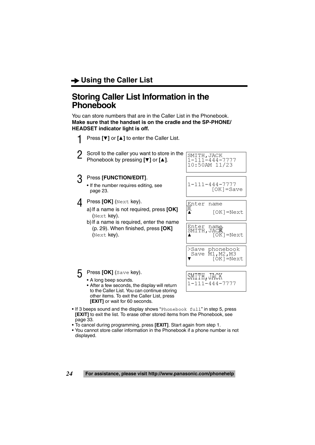 Panasonic KX-TS600B Storing Caller List Information in the Phonebook, Enter name OK=Next, Phonebook by pressing 4 or 