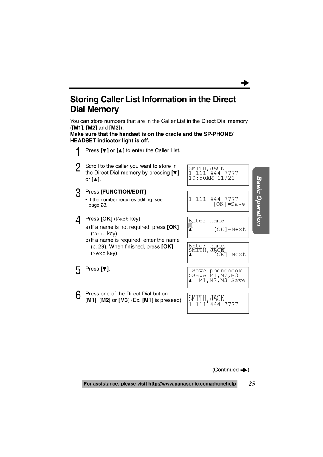 Panasonic KX-TS600W, KX-TS600B Storing Caller List Information in the Direct Dial Memory, M1,M2,M3=Save 