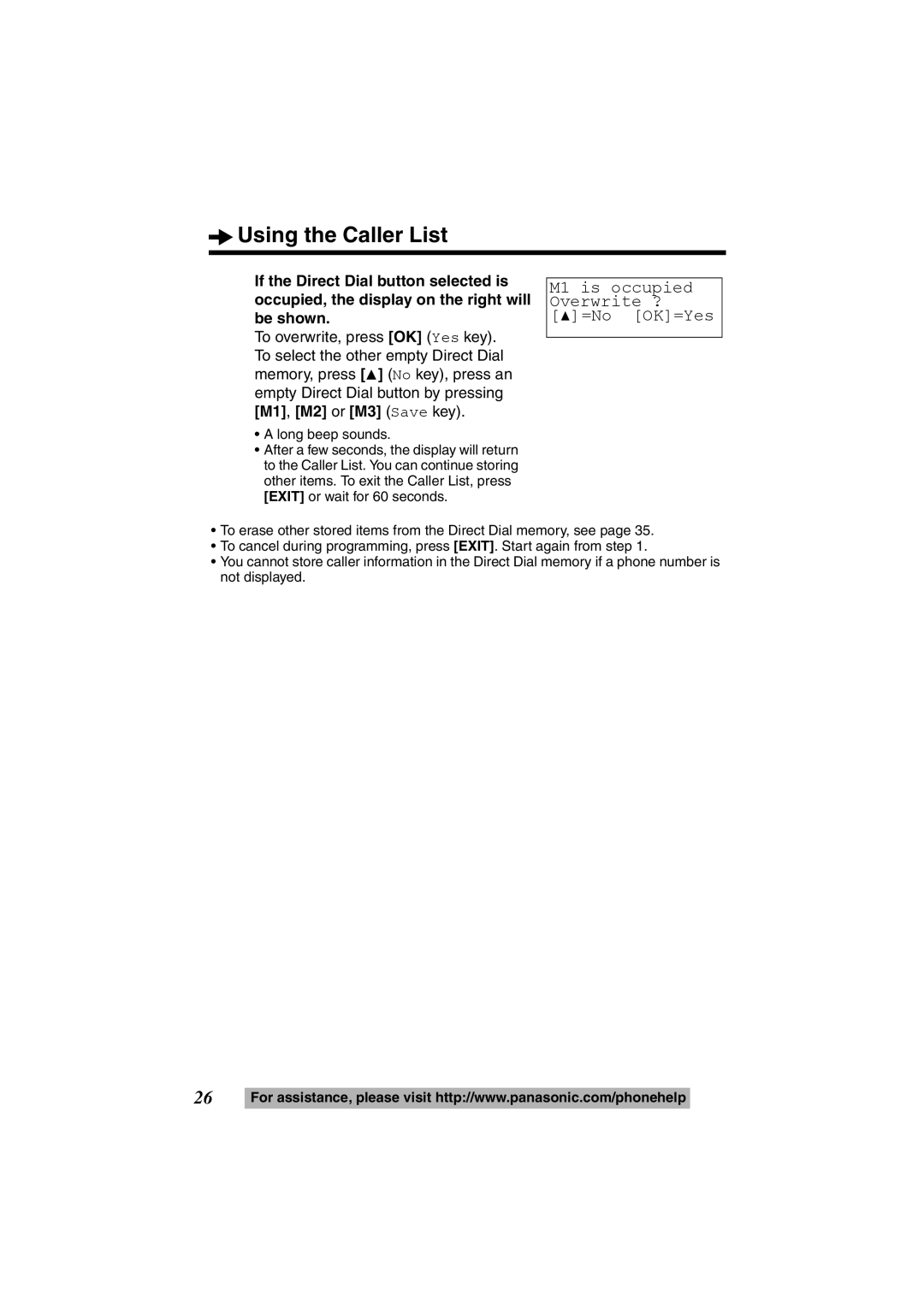 Panasonic KX-TS600B, KX-TS600W operating instructions M1 is occupied Overwrite ? =No OK=Yes 