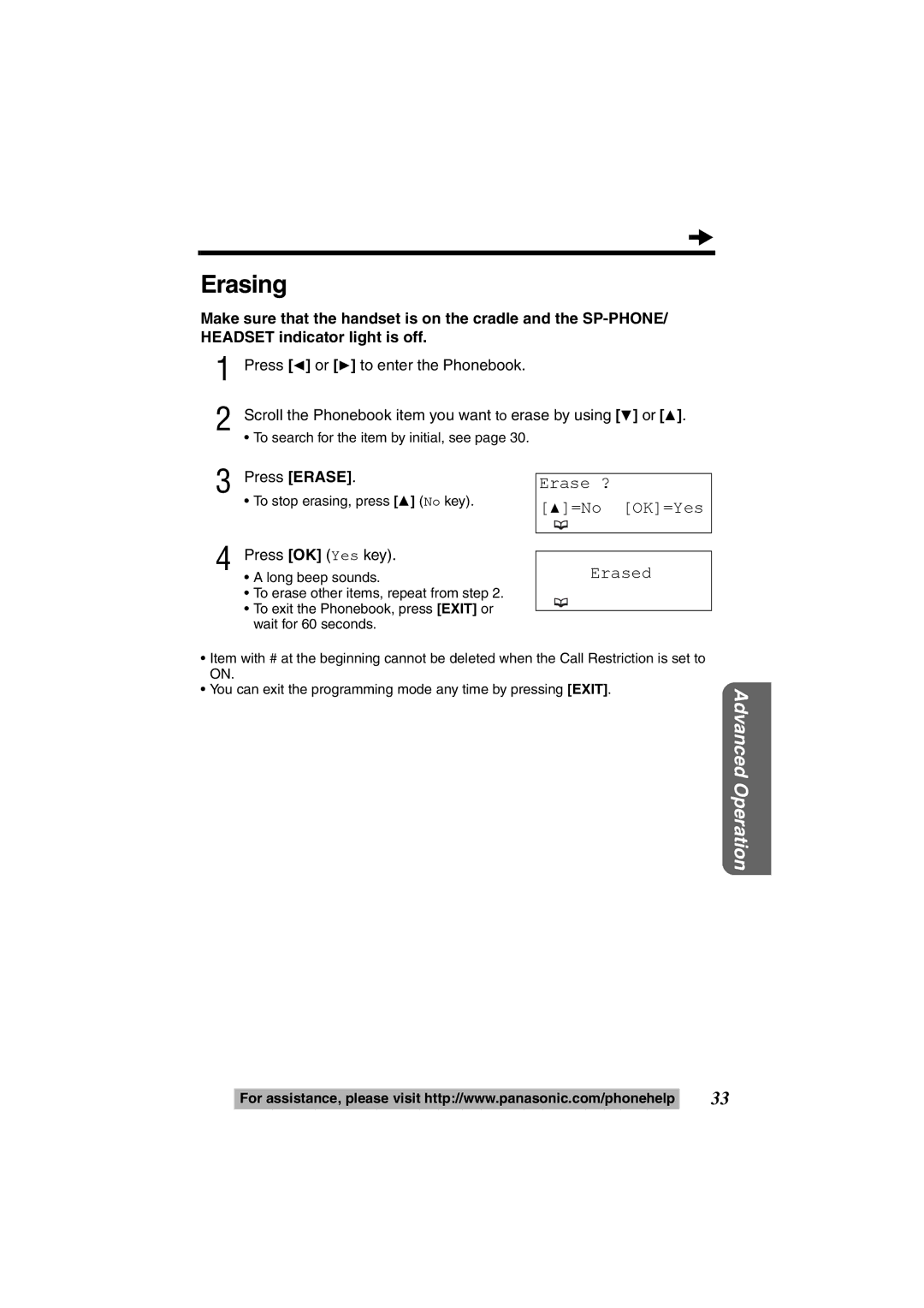 Panasonic KX-TS600W, KX-TS600B operating instructions Scroll the Phonebook item you want to erase by using 4 or, Erasing 