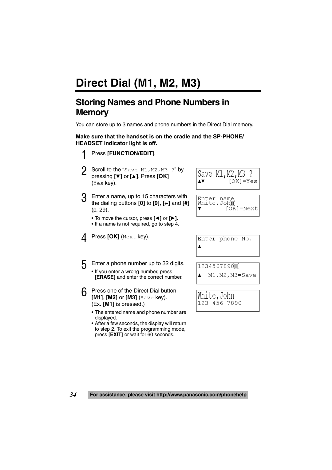 Panasonic KX-TS600B, KX-TS600W Direct Dial M1, M2, M3, Storing Names and Phone Numbers in Memory, Save M1,M2,M3 ? 