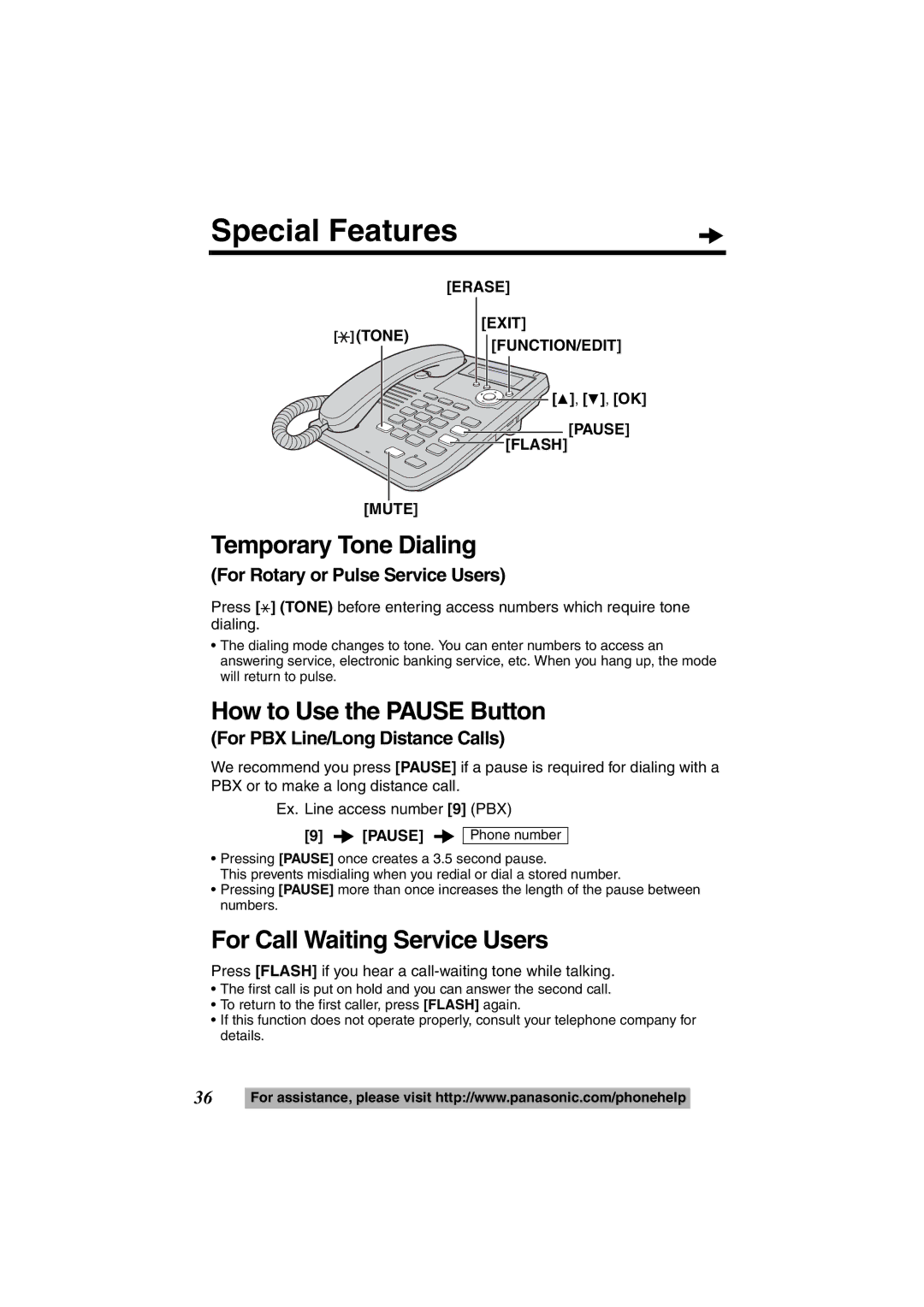 Panasonic KX-TS600B Special Features, Temporary Tone Dialing, How to Use the Pause Button, For Call Waiting Service Users 