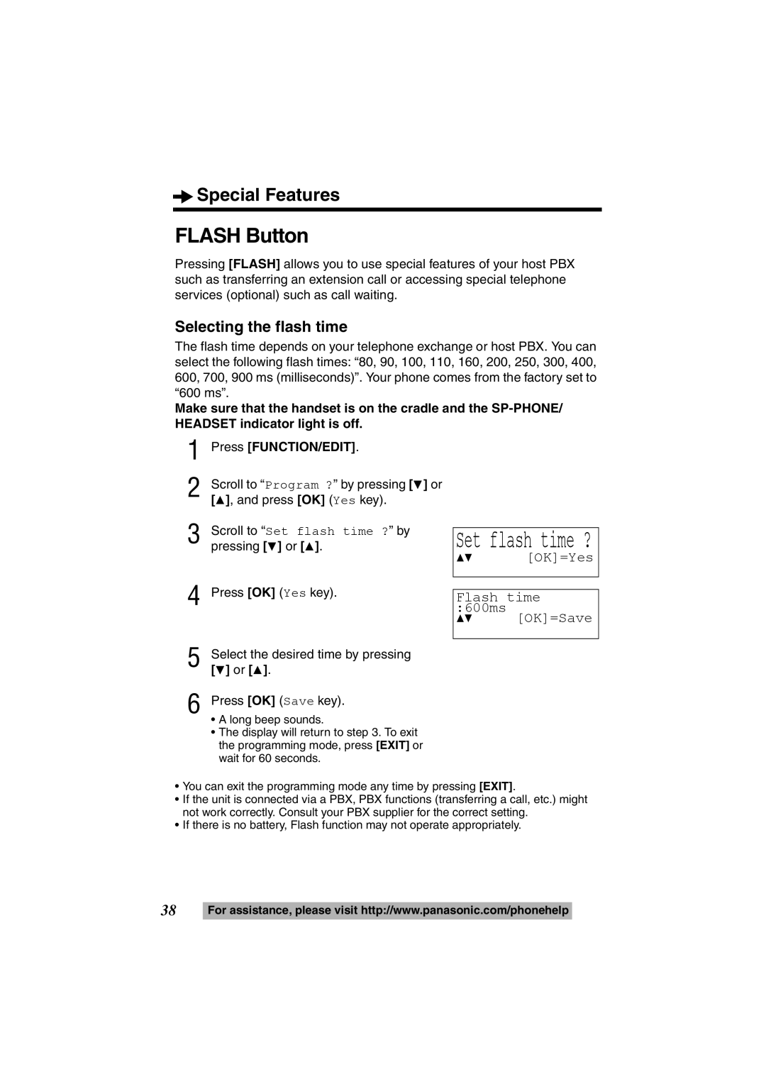 Panasonic KX-TS600B, KX-TS600W Flash Button, Selecting the flash time, Select the desired time by pressing 