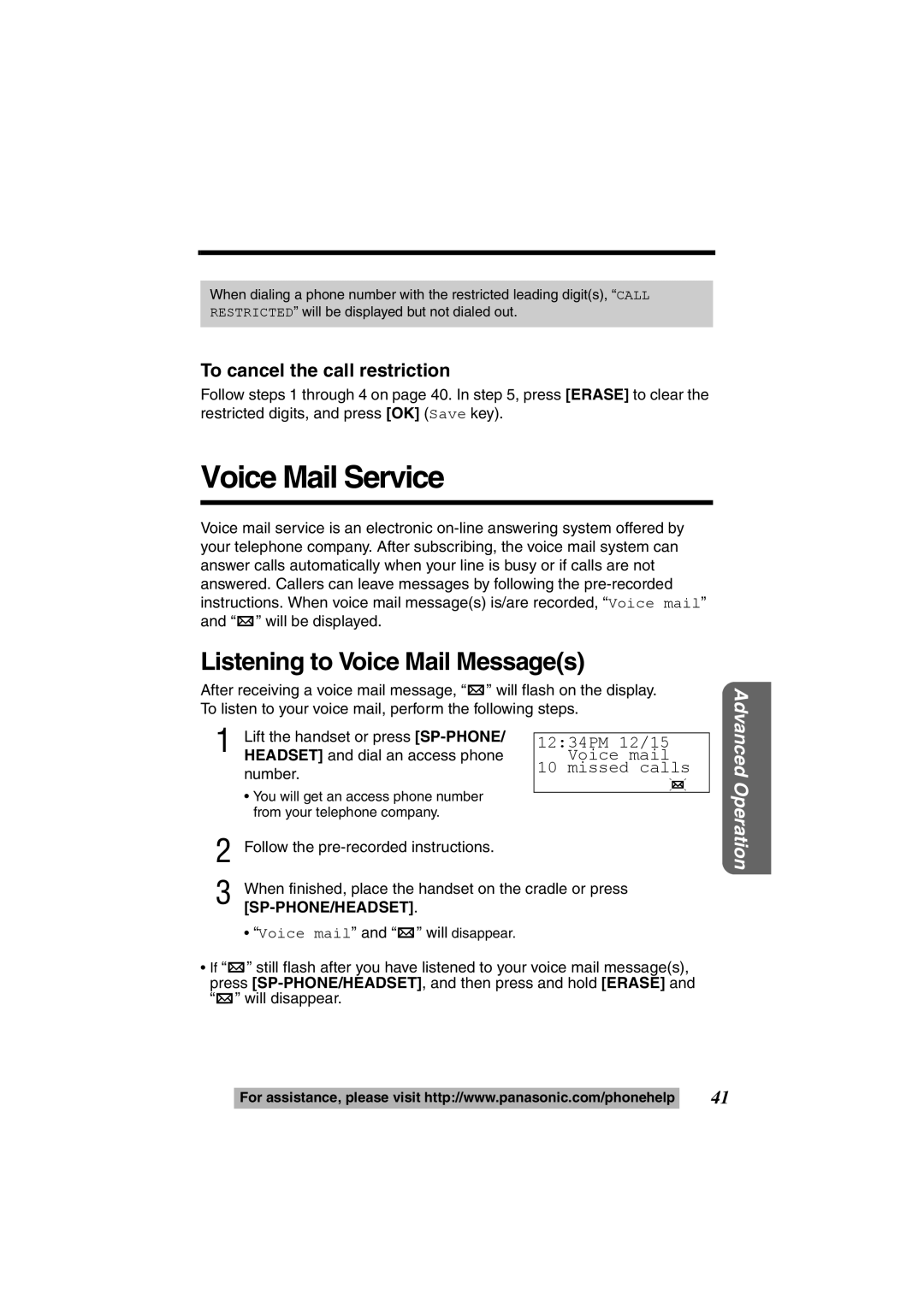 Panasonic KX-TS600W, KX-TS600B Voice Mail Service, Listening to Voice Mail Messages, To cancel the call restriction 