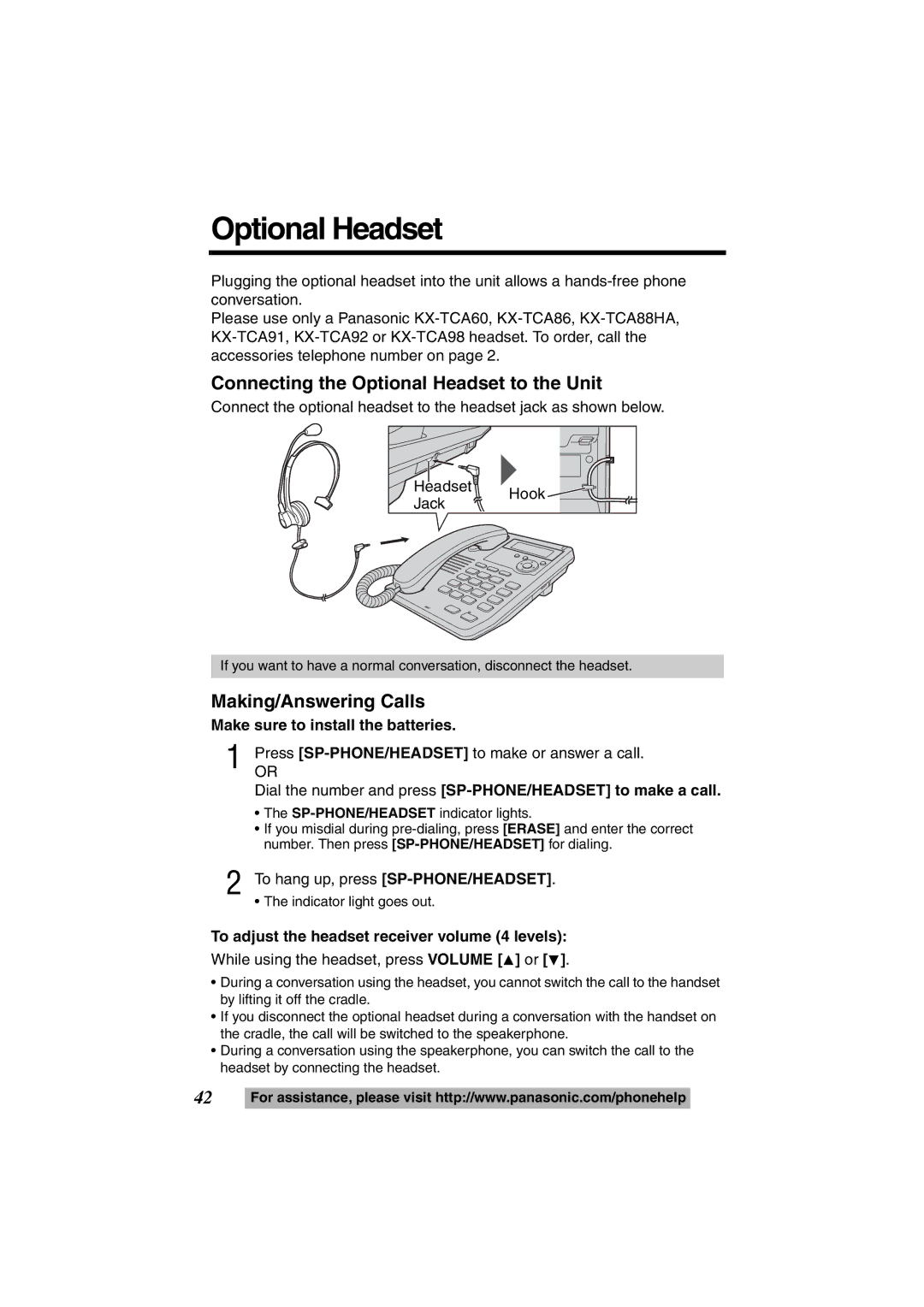 Panasonic KX-TS600B, KX-TS600W Connecting the Optional Headset to the Unit, Making/Answering Calls 