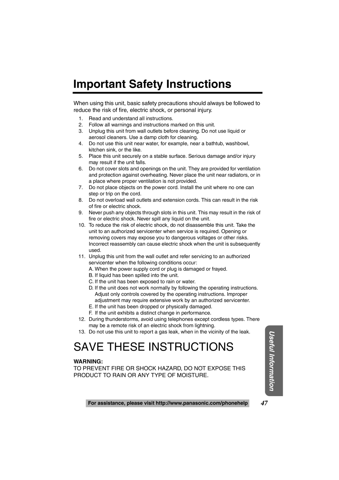 Panasonic KX-TS600W, KX-TS600B operating instructions Important Safety Instructions 