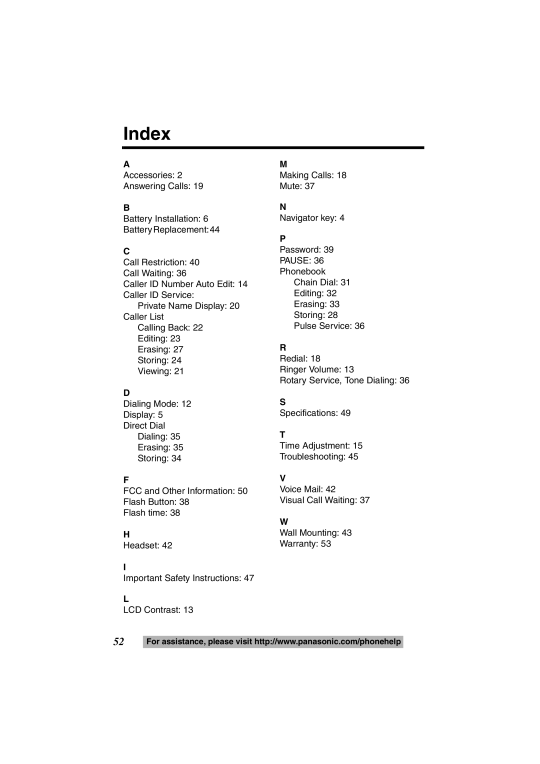 Panasonic KX-TS600B, KX-TS600W operating instructions Index, Pause 