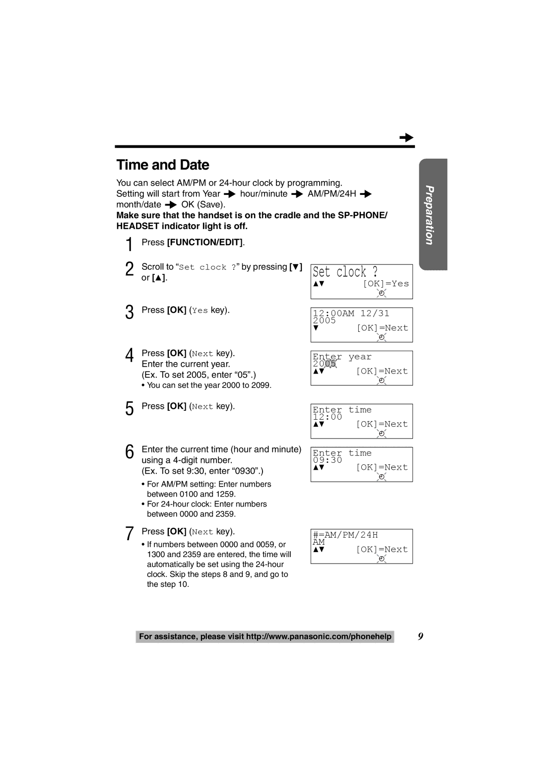 Panasonic KX-TS600W, KX-TS600B operating instructions Time and Date, Enter time 34 OK=Next, #=AM/PM/24H 34 OK=Next 