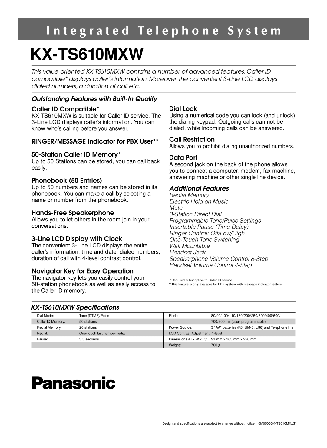 Panasonic manual Outstanding Features with Built-In Quality, Additional Features, KX-TS610MXW Specifications 