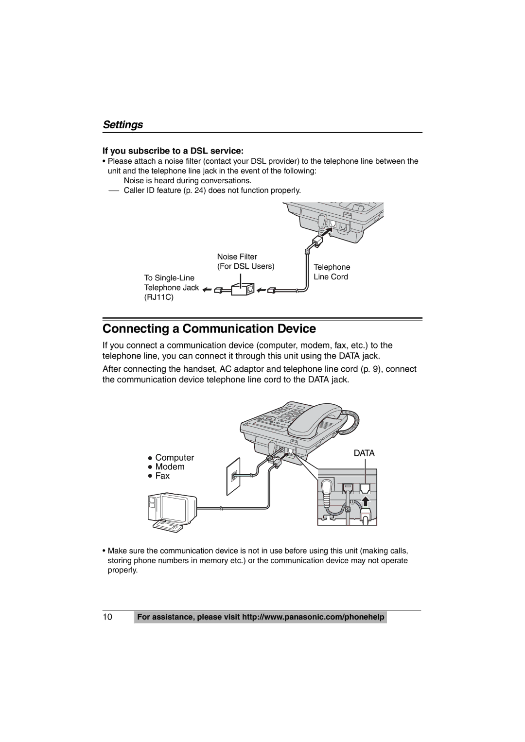 Panasonic KX-TS620W operating instructions Connecting a Communication Device, If you subscribe to a DSL service, Modem Fax 