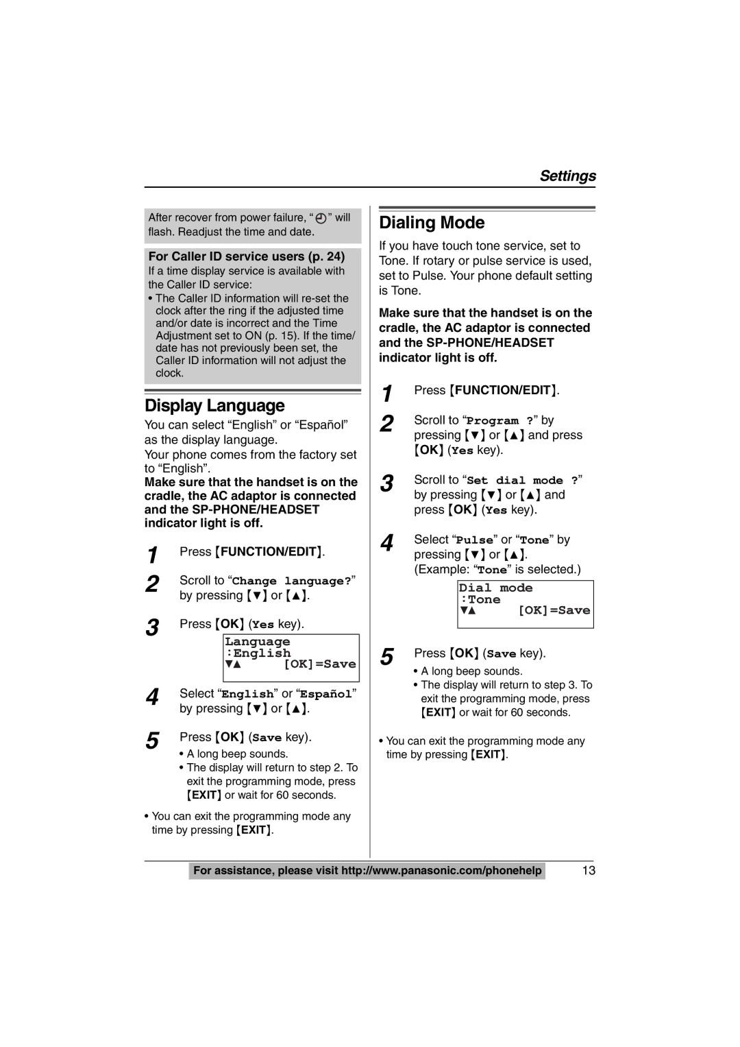 Panasonic KX-TS620W operating instructions Display Language, Dialing Mode, English, For Caller ID service users p 