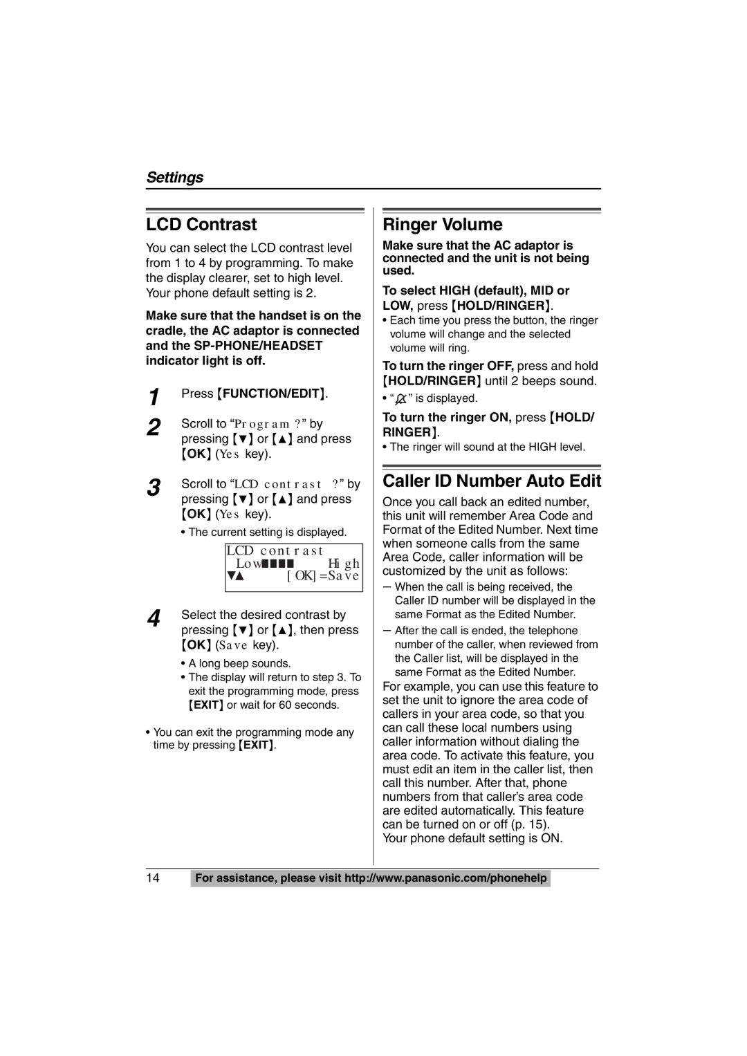 Panasonic KX-TS620W operating instructions LCD Contrast, Ringer Volume, Caller ID Number Auto Edit, LCD contrast 