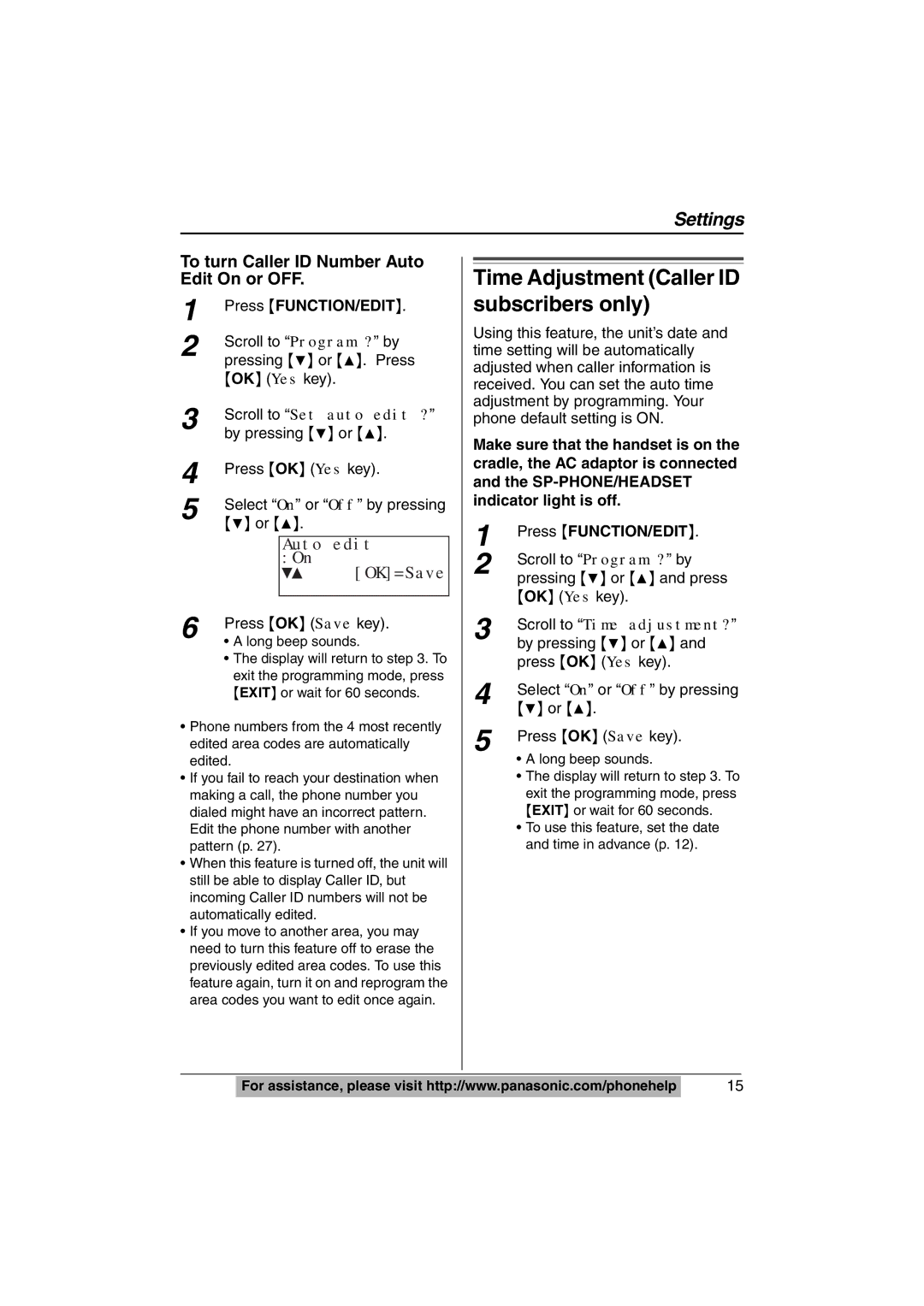 Panasonic KX-TS620W Time Adjustment Caller ID subscribers only, Auto edit On OK=Save, Select On or Off by pressing 