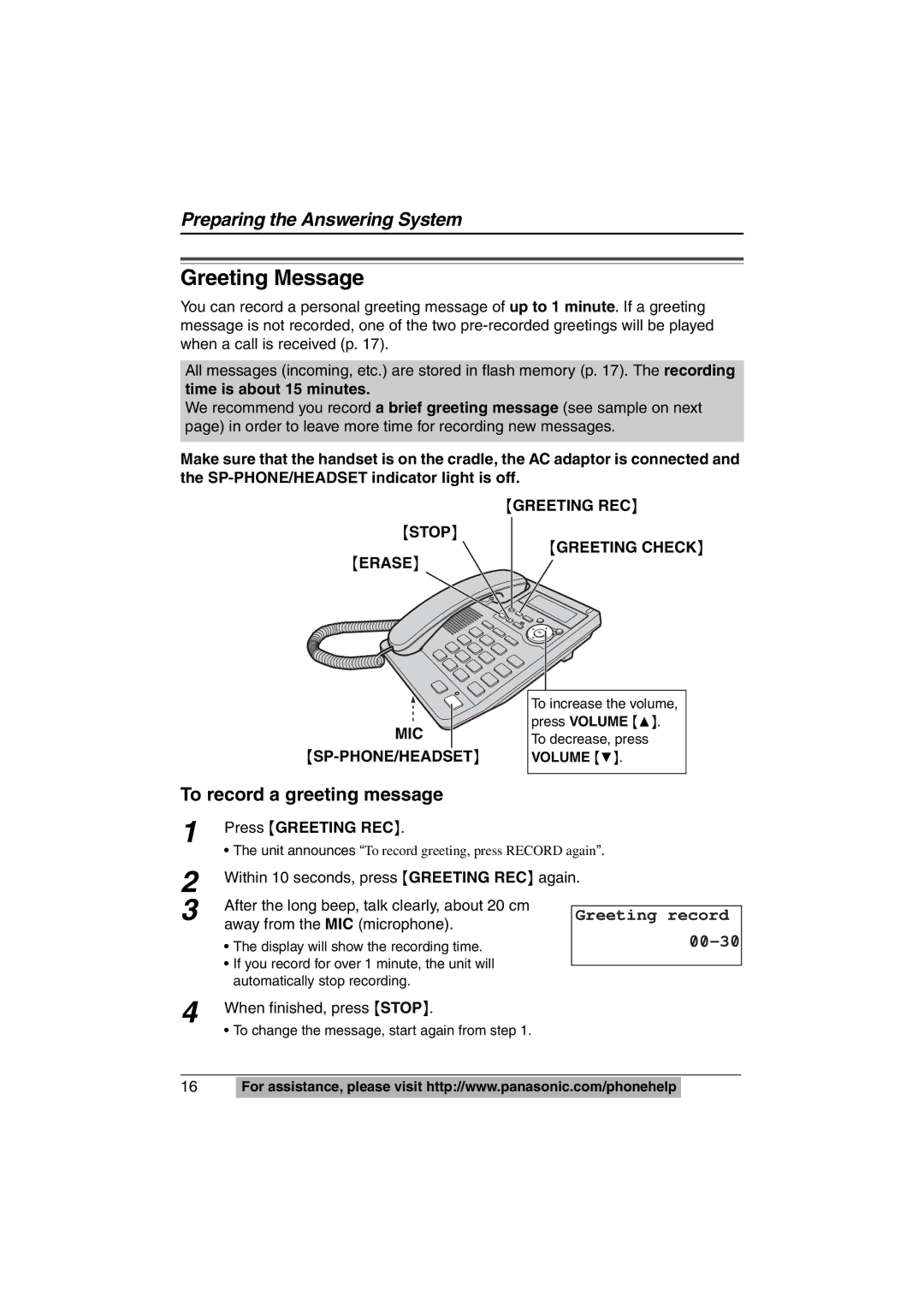 Panasonic KX-TS620W Greeting Message, To record a greeting message, Greeting record, Press Greeting REC 