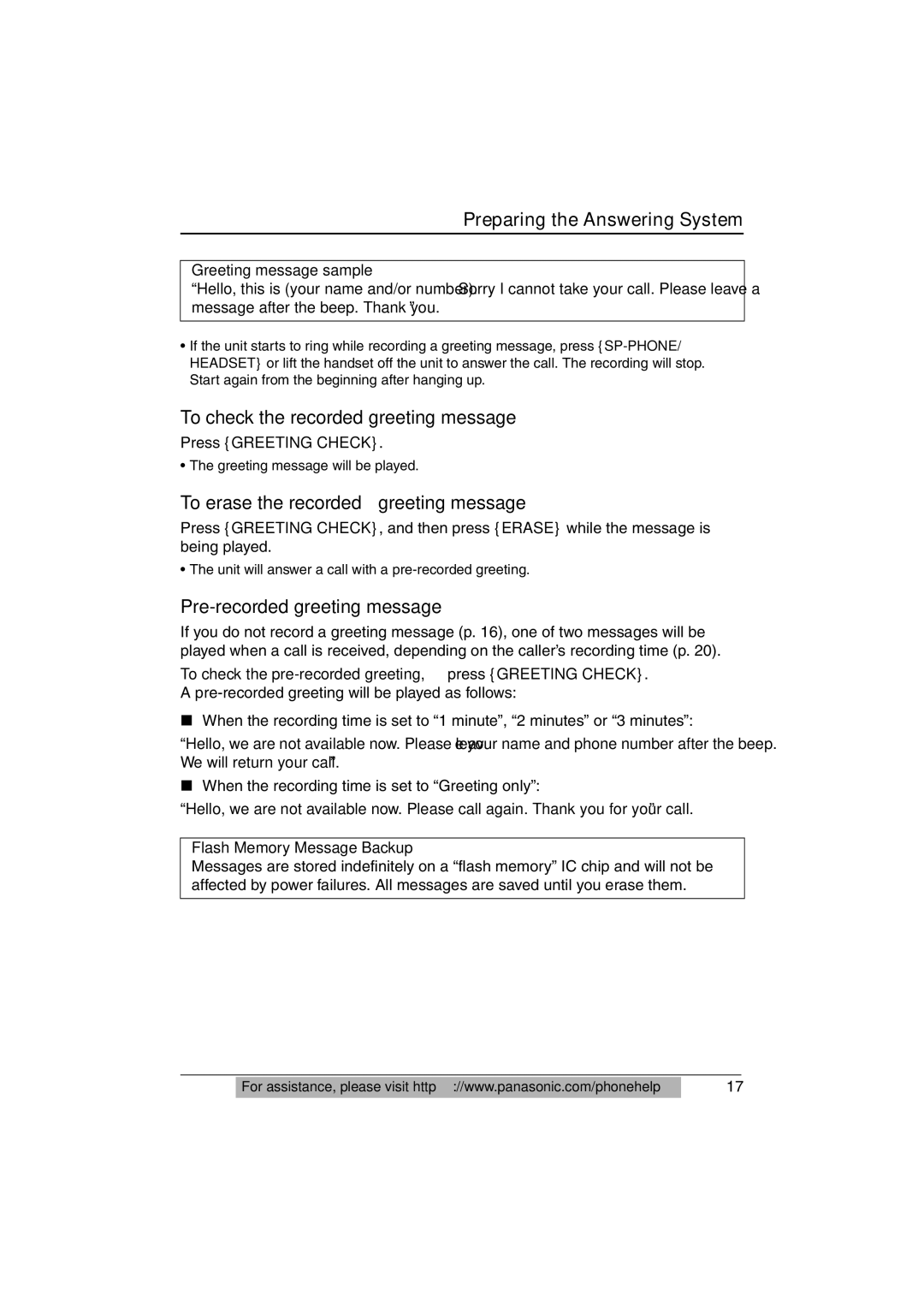 Panasonic KX-TS620W operating instructions To check the recorded greeting message, To erase the recorded greeting message 