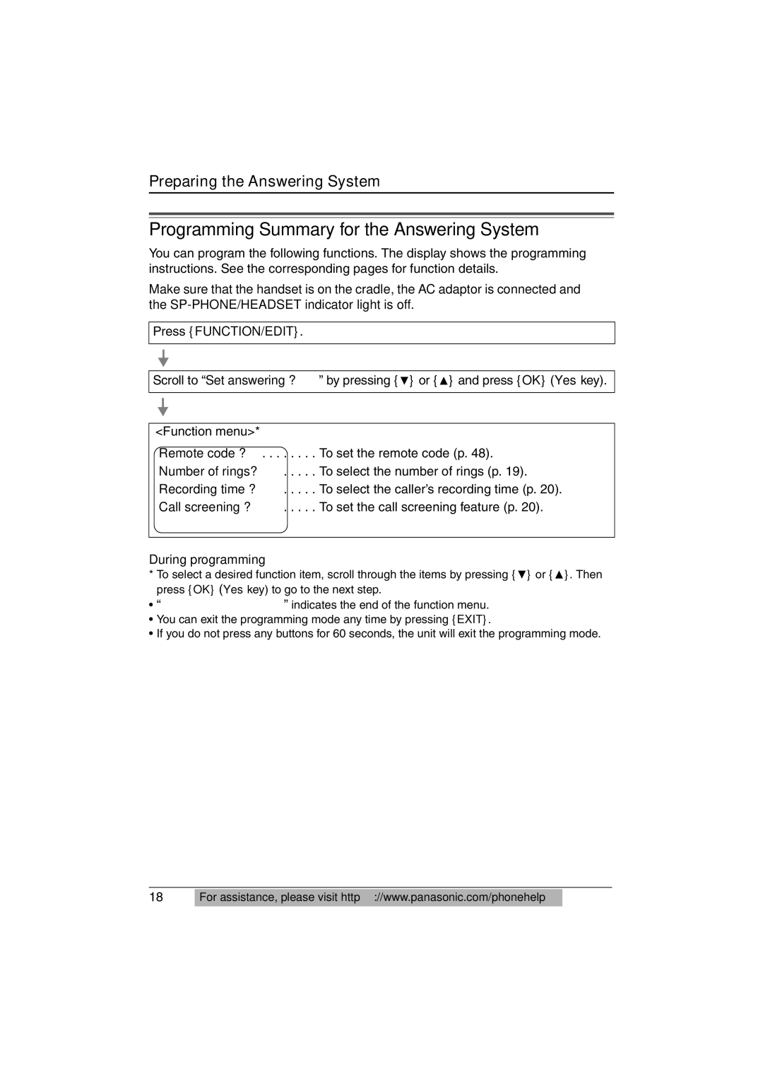 Panasonic KX-TS620W operating instructions Programming Summary for the Answering System, During programming 