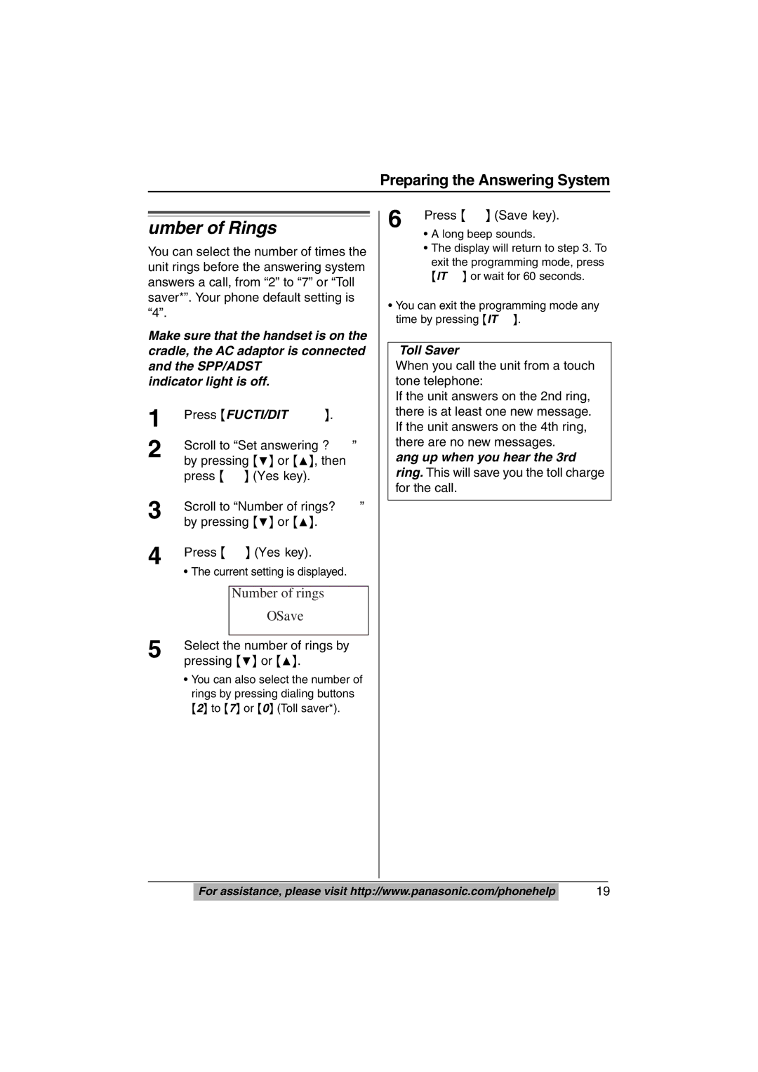 Panasonic KX-TS620W Number of Rings, Number of rings, By pressing 4 or 3, then, Select the number of rings by, Toll Saver 