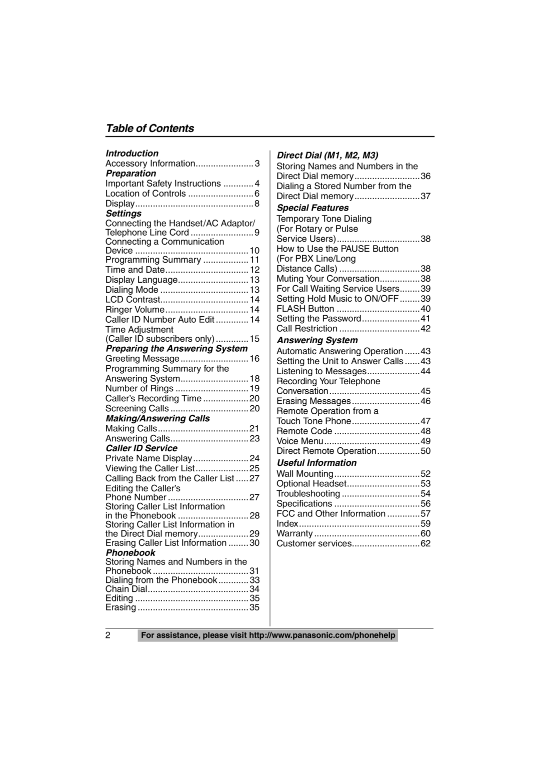 Panasonic KX-TS620W operating instructions Table of Contents 