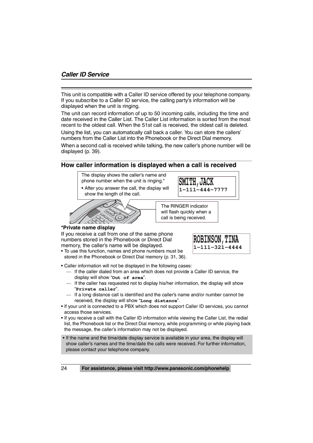 Panasonic KX-TS620W How caller information is displayed when a call is received, Private name display 