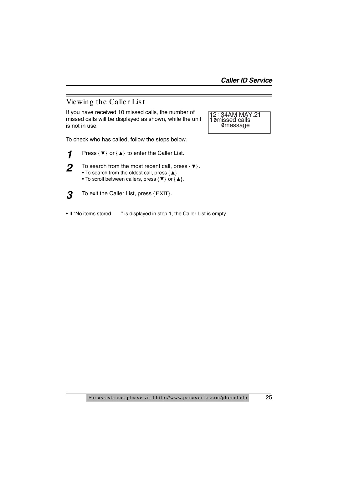 Panasonic KX-TS620W Viewing the Caller List, 1234AM MAY.21 Missed calls message, To exit the Caller List, press Exit 